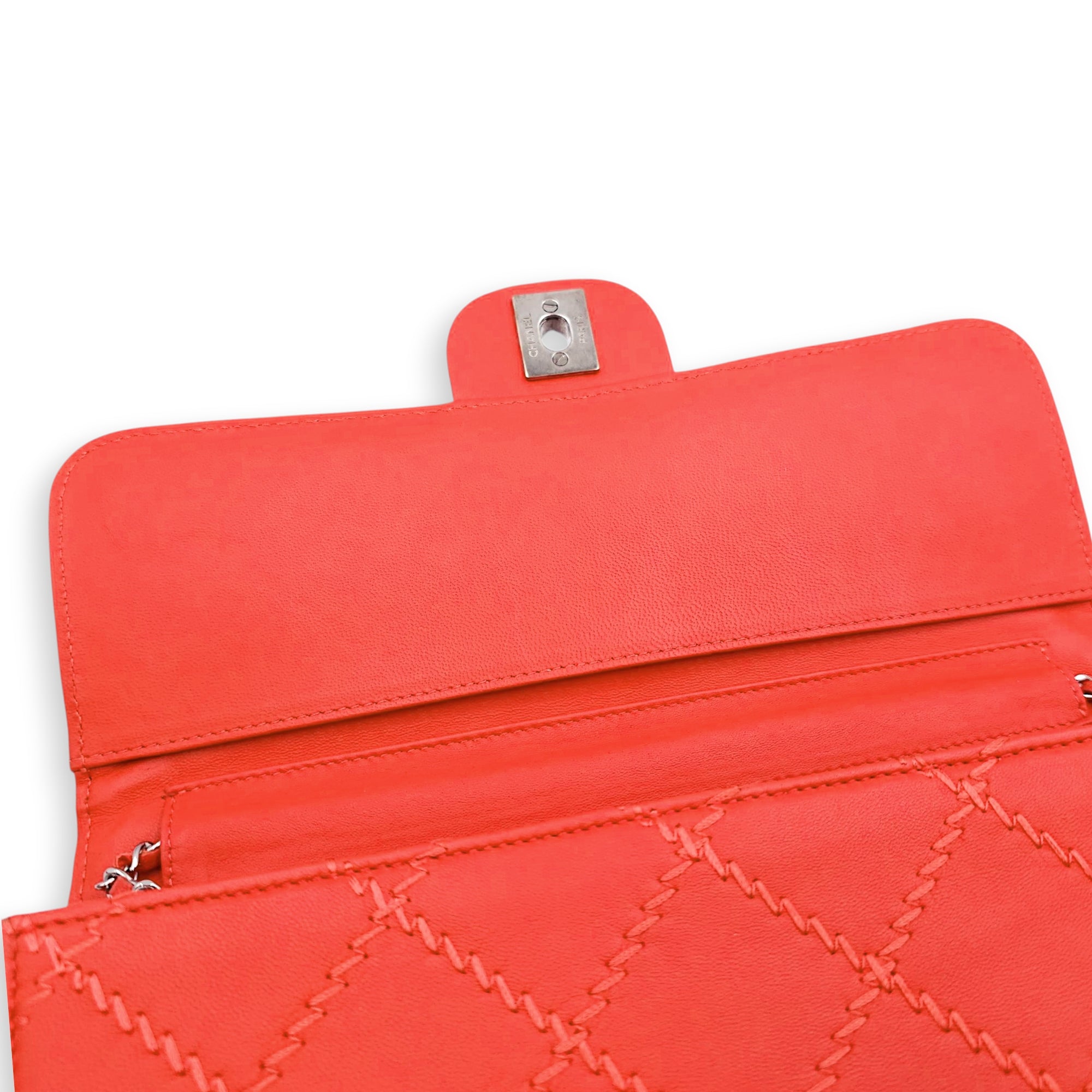 Ultimate Stitch Orange Wallet on Chain in Lambskin, Silver hardware