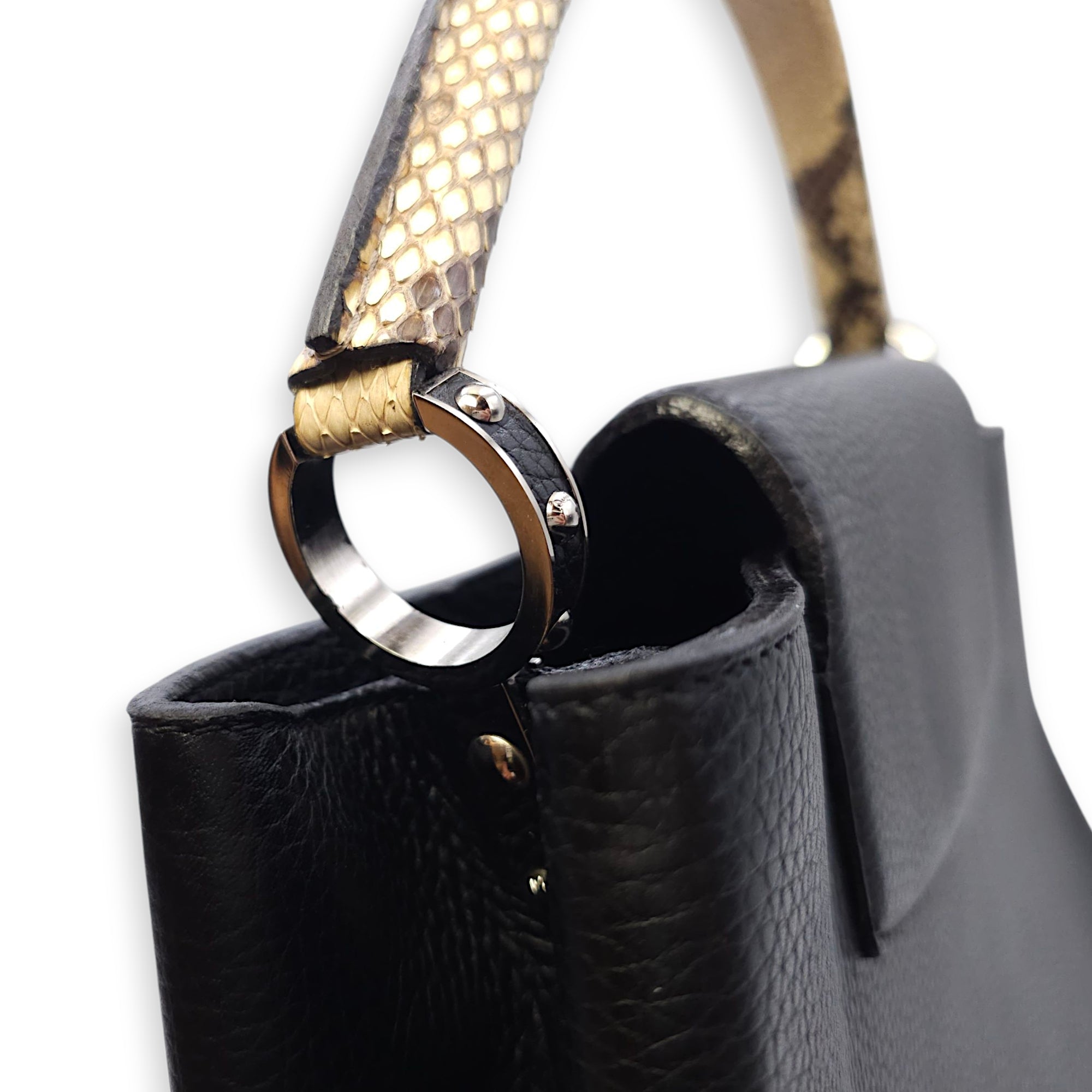Capucines Black Crossbody in Python Leather, Silver hardware
