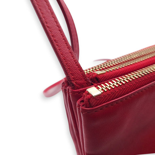 Trio Red Pouch with Strap in Calfskin, Gold hardware