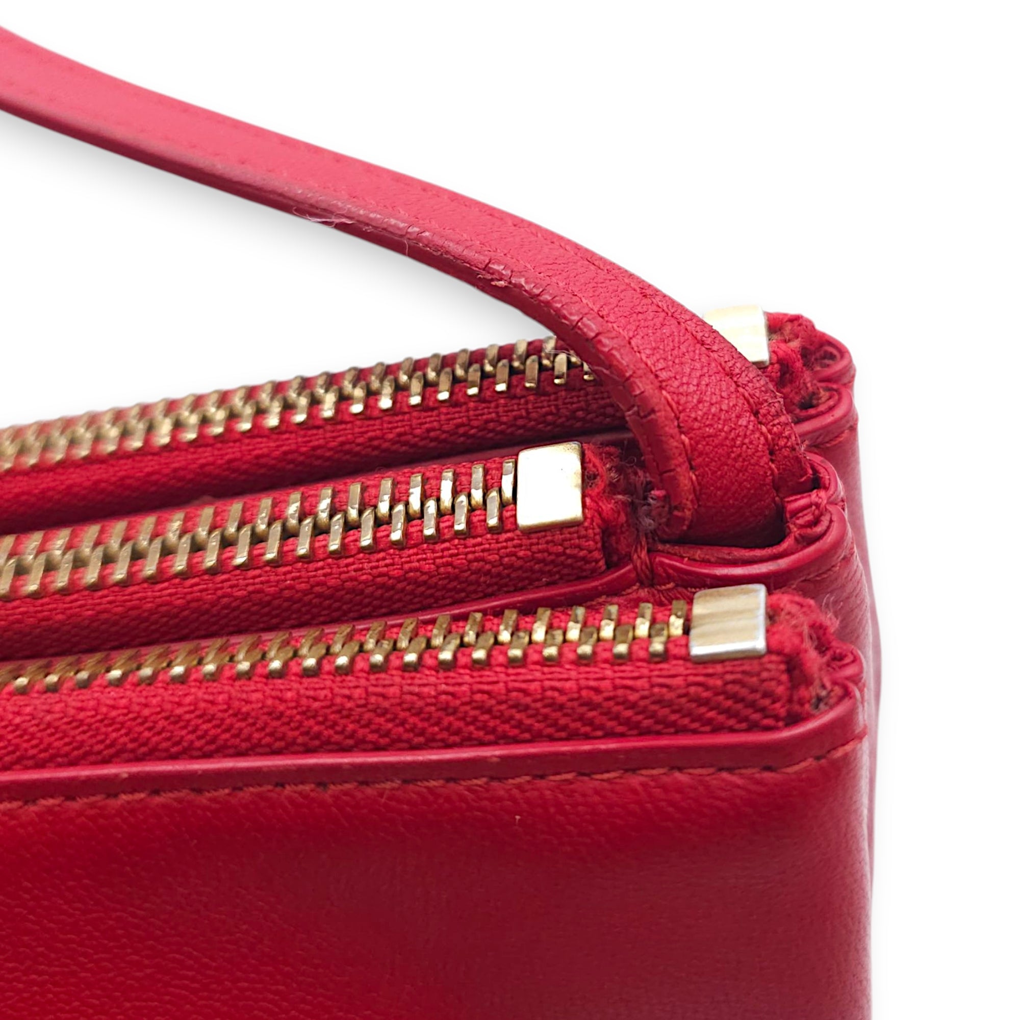 Trio Red Pouch with Strap in Calfskin, Gold hardware