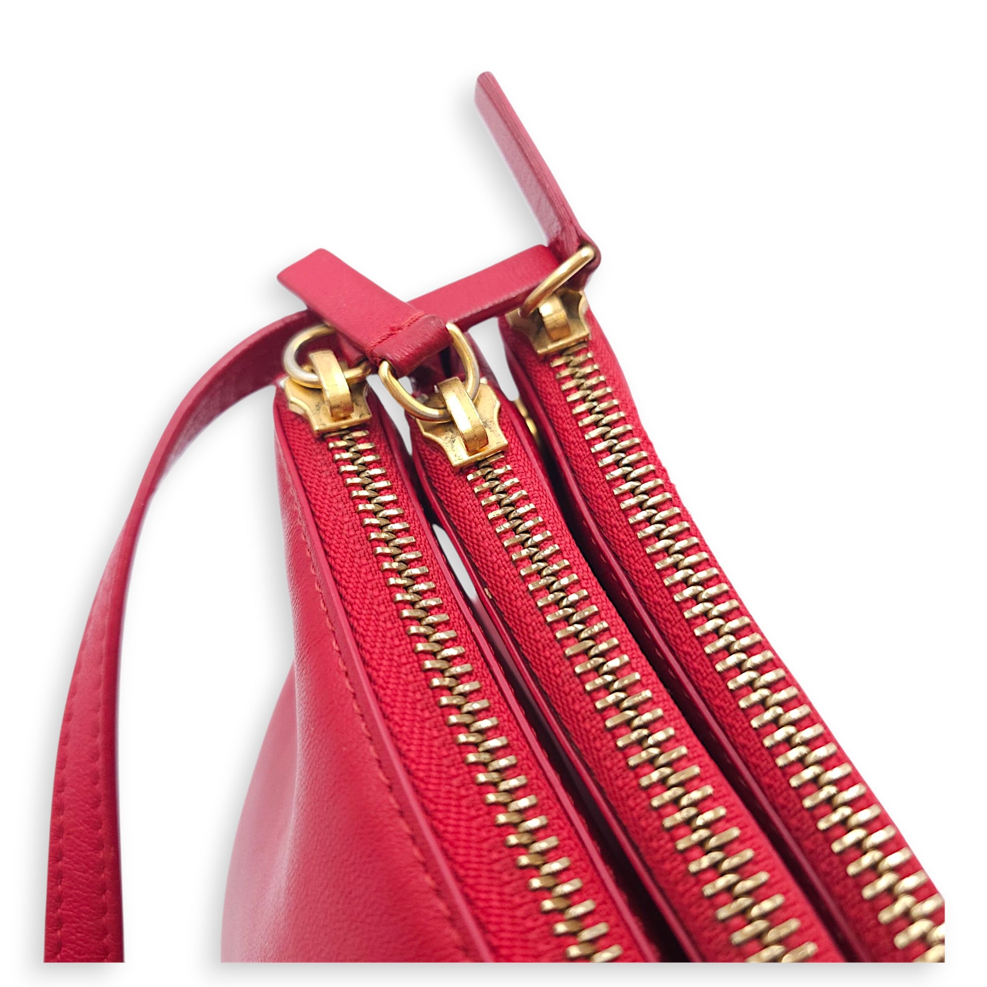 Trio Red Pouch with Strap in Calfskin, Gold hardware