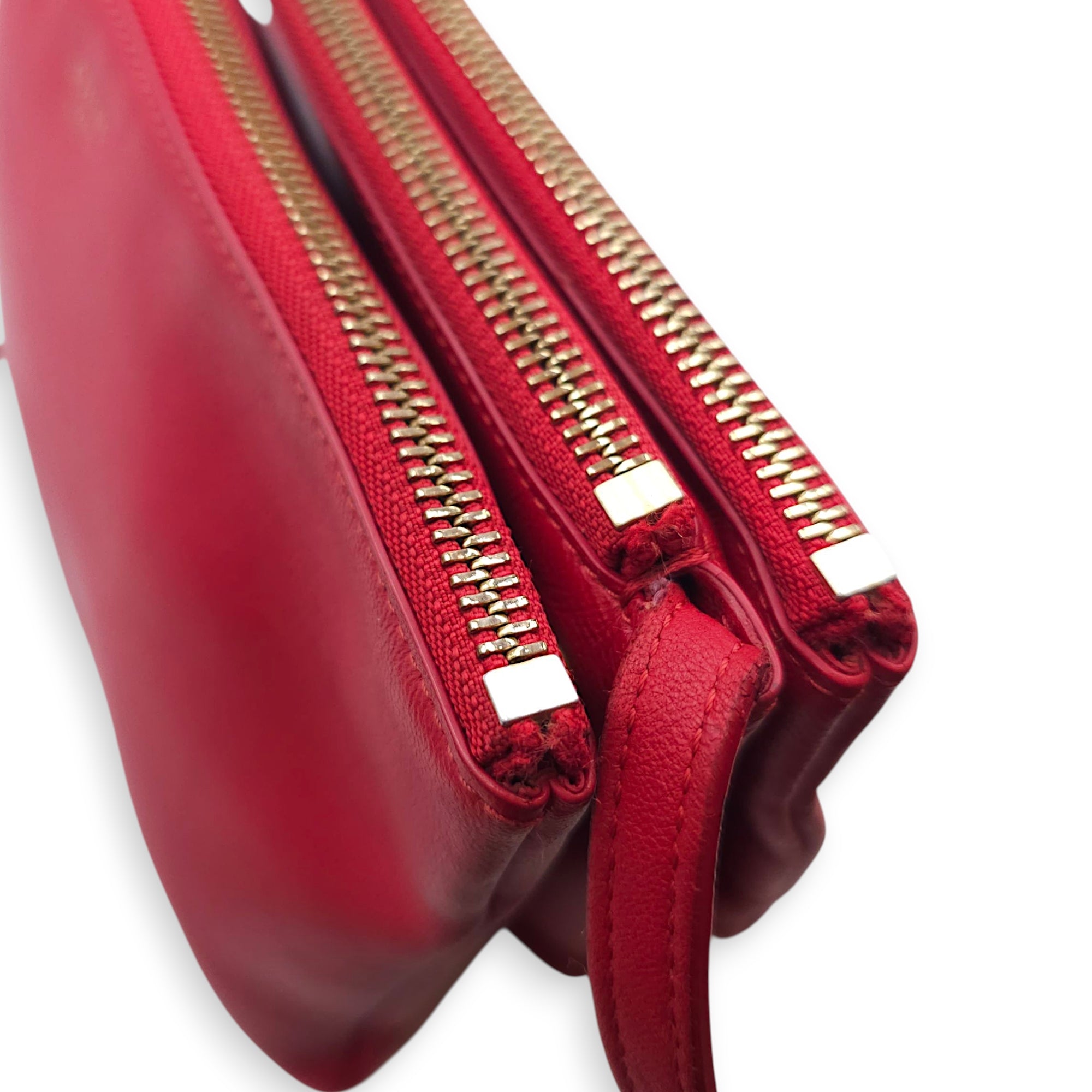 Trio Red Pouch with Strap in Calfskin, Gold hardware