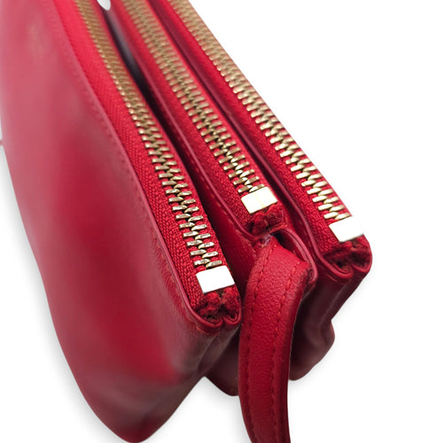 Trio Red Pouch with Strap in Calfskin, Gold hardware