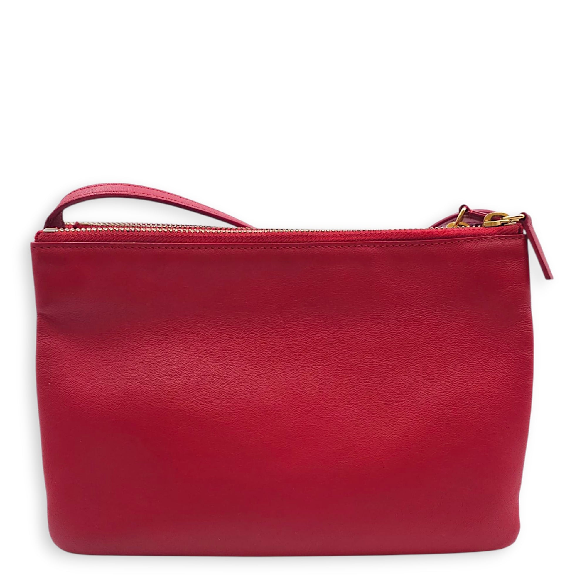 Trio Red Pouch with Strap in Calfskin, Gold hardware