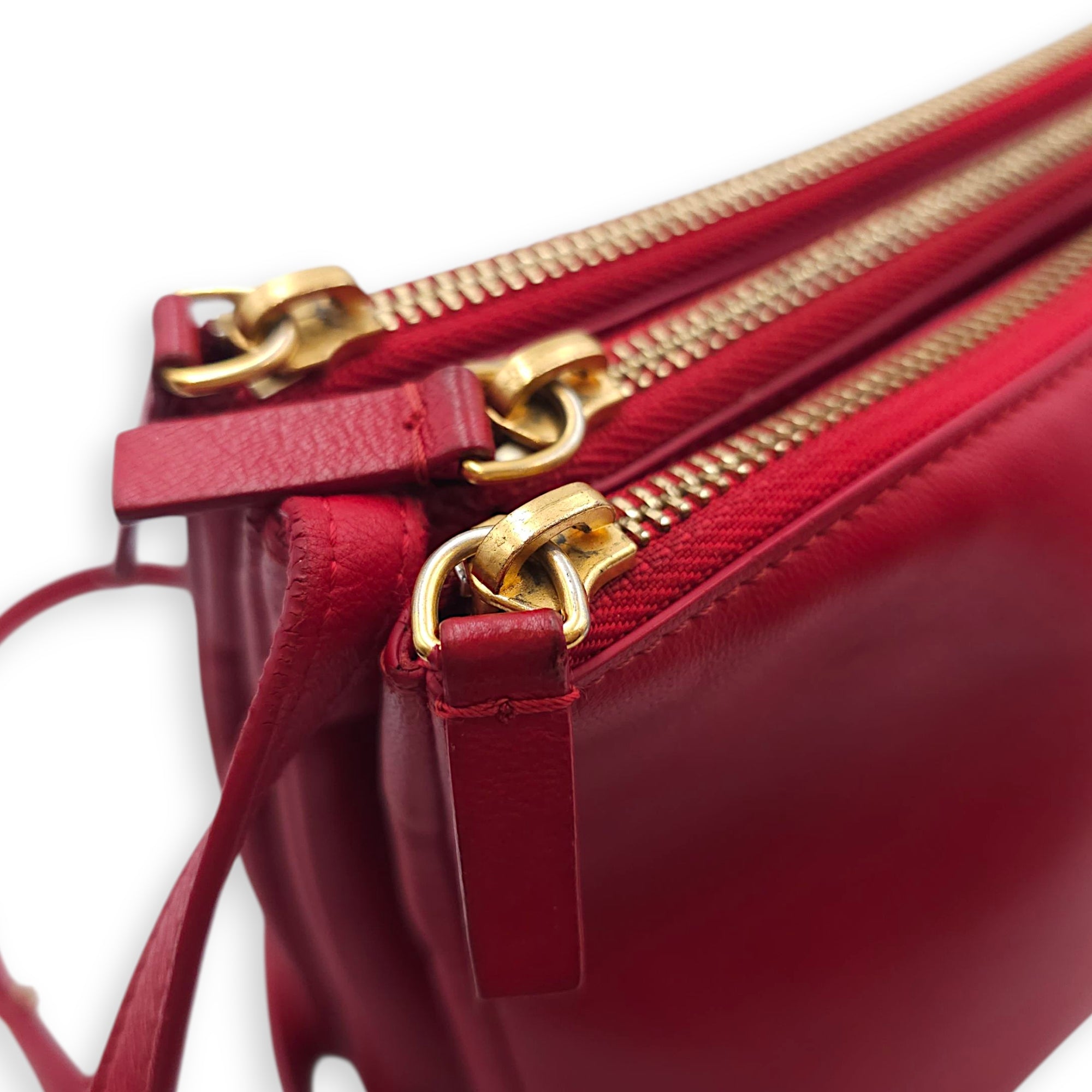 Trio Red Pouch with Strap in Calfskin, Gold hardware