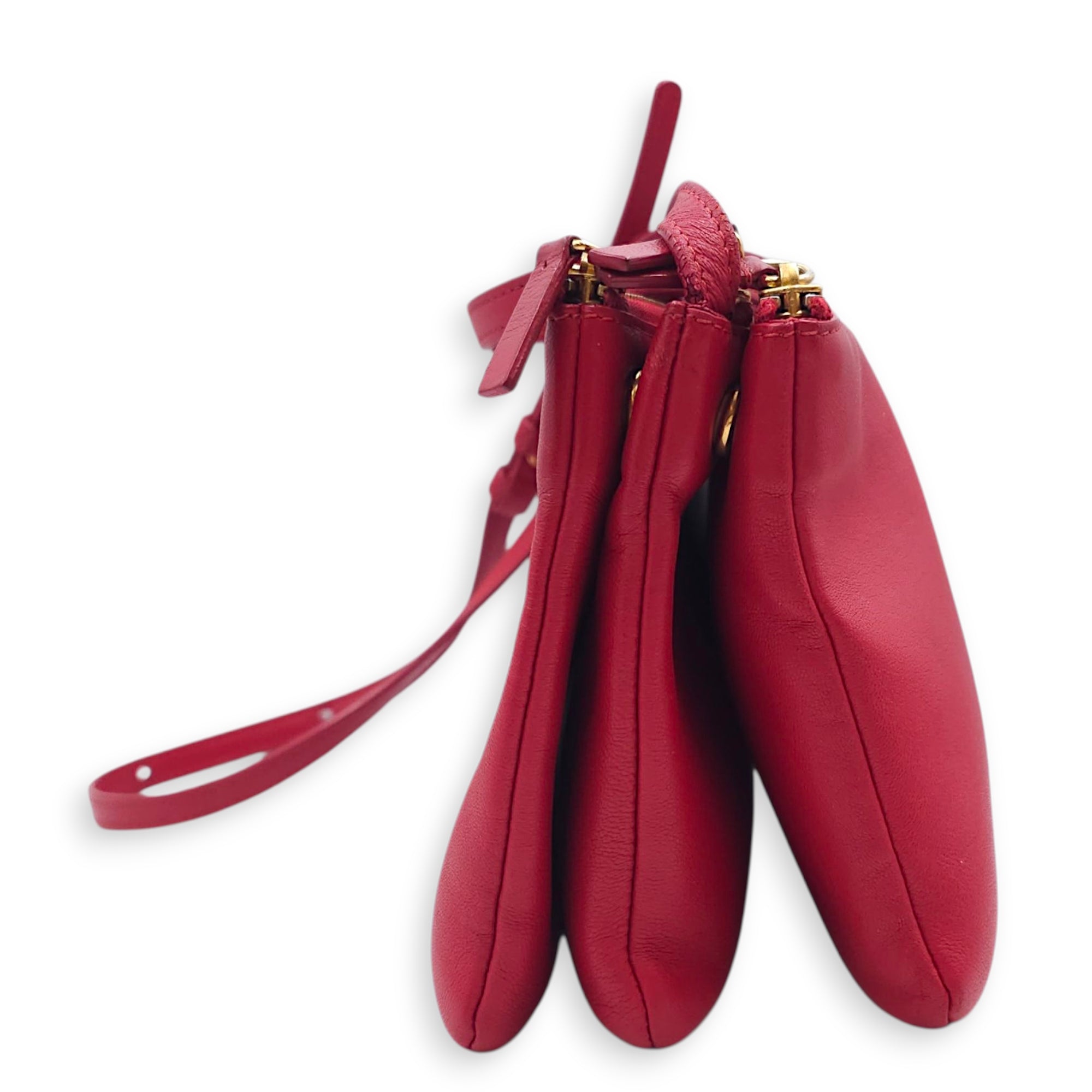 Trio Red Pouch with Strap in Calfskin, Gold hardware