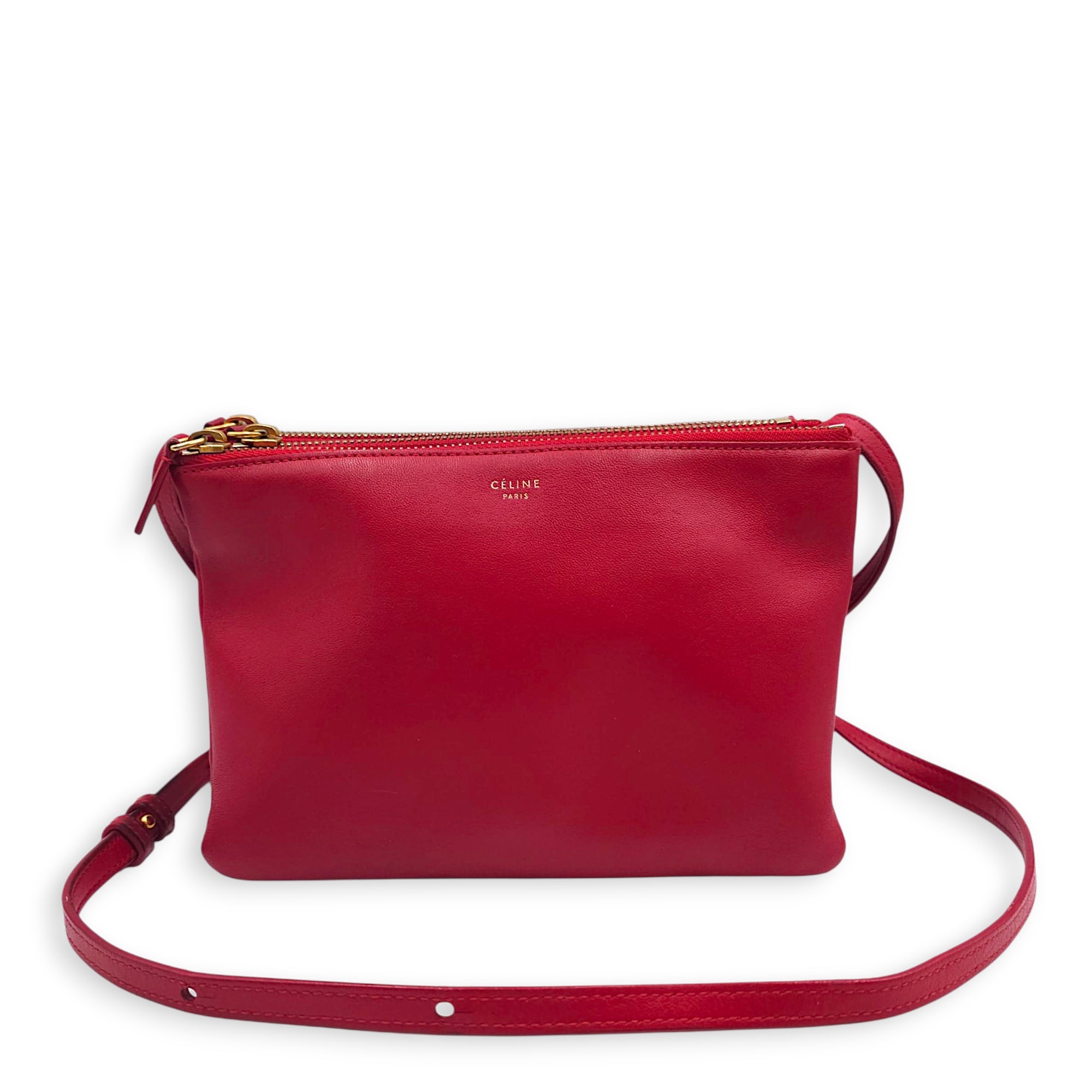 Trio Red Pouch with Strap in Calfskin, Gold hardware