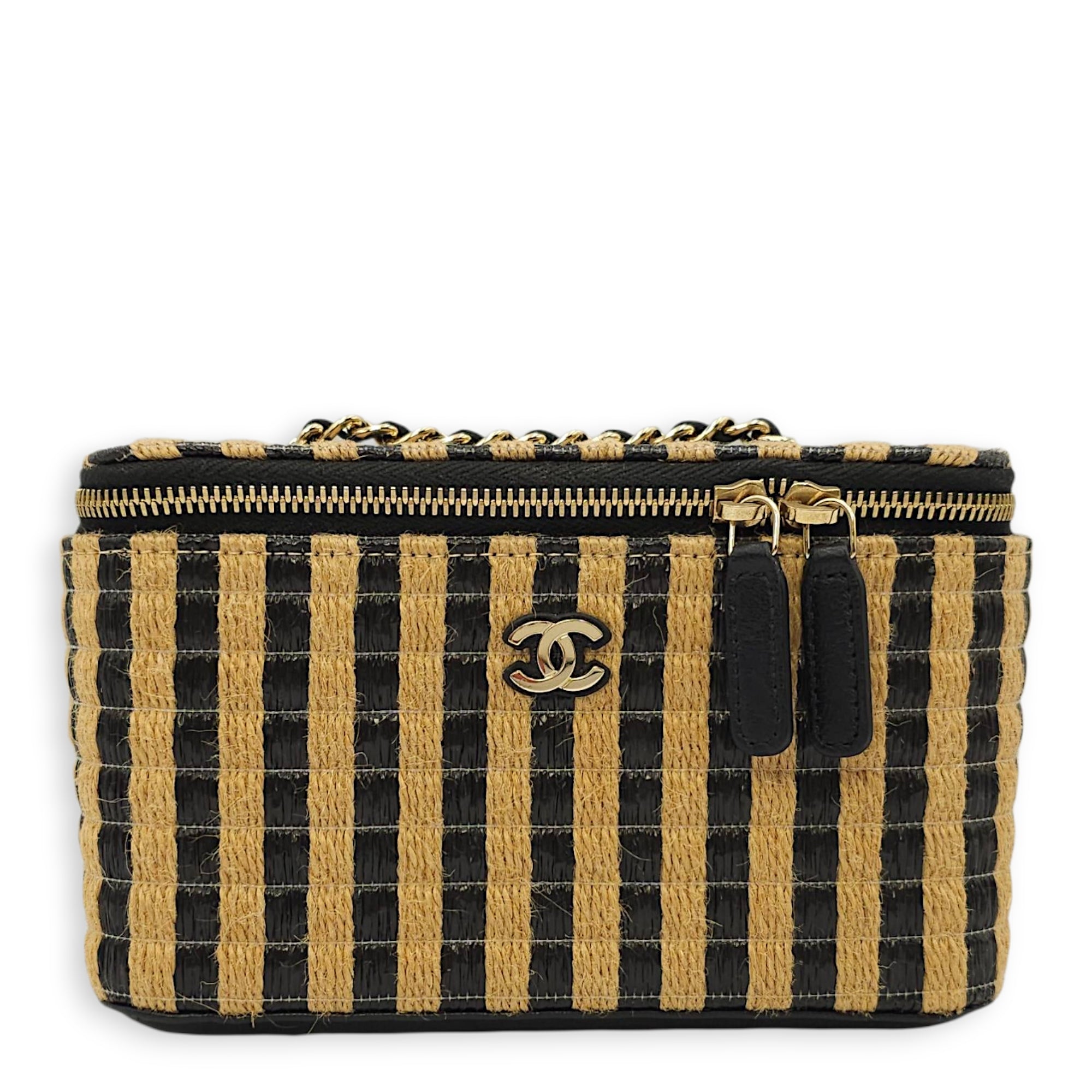 CC Black/Brown Vanity Case in Raffia Jute Thread, Silver hardware