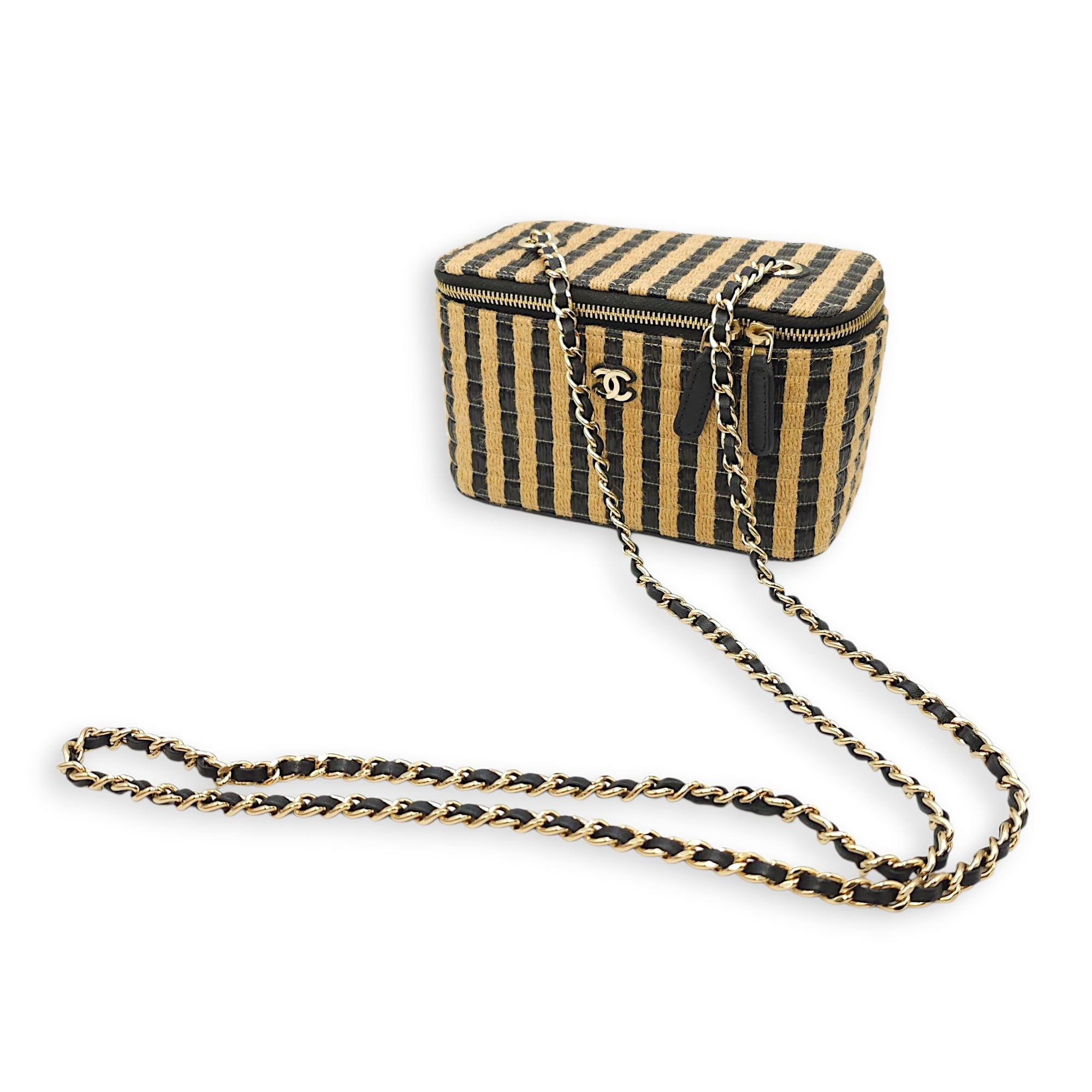 CC Black/Brown Vanity Case in Raffia Jute Thread, Silver hardware