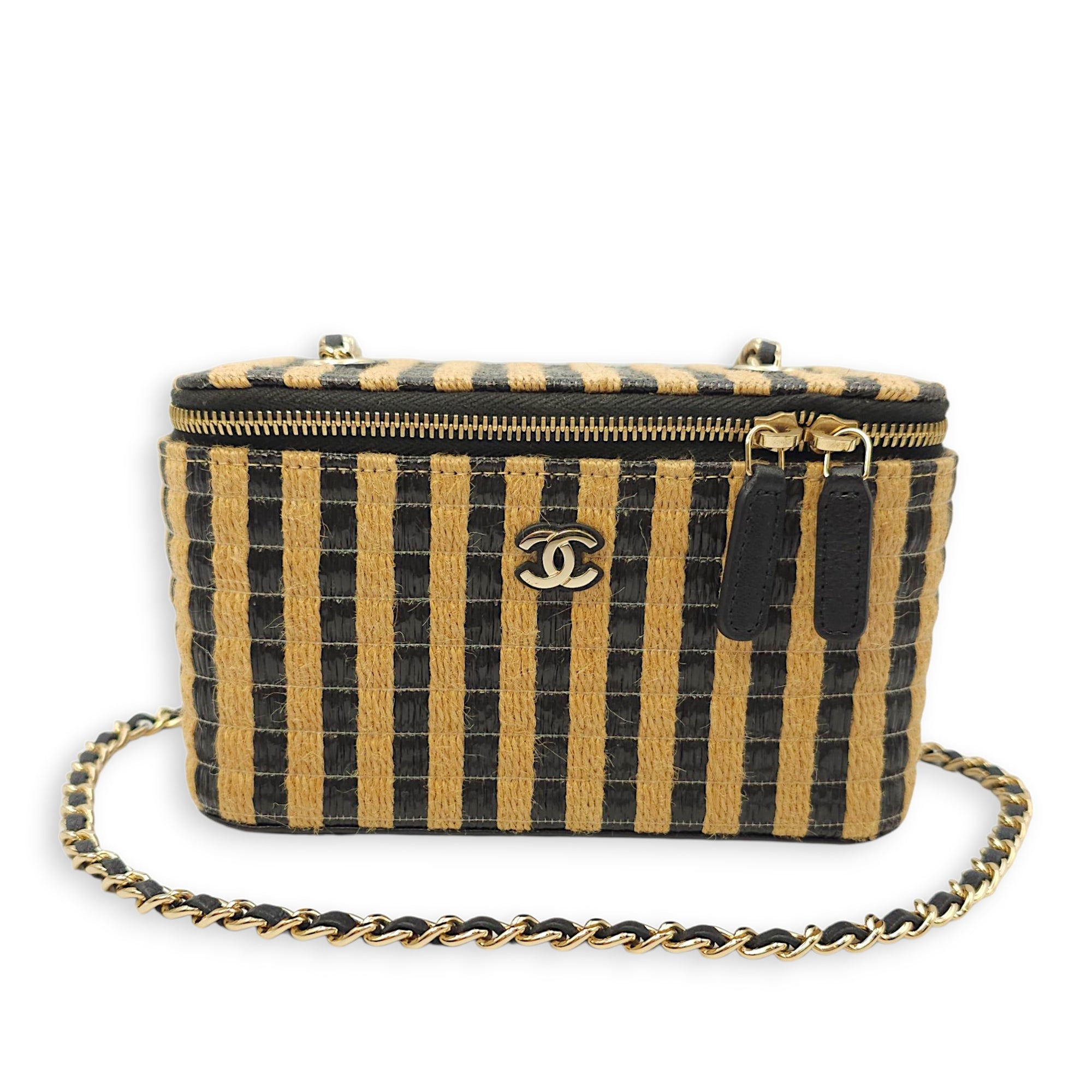 CC Black/Brown Vanity Case in Raffia Jute Thread, Silver hardware