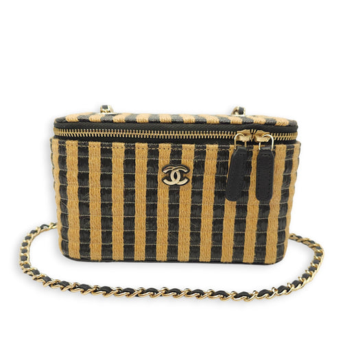 CC Black/Brown Vanity Case in Raffia Jute Thread, Silver hardware