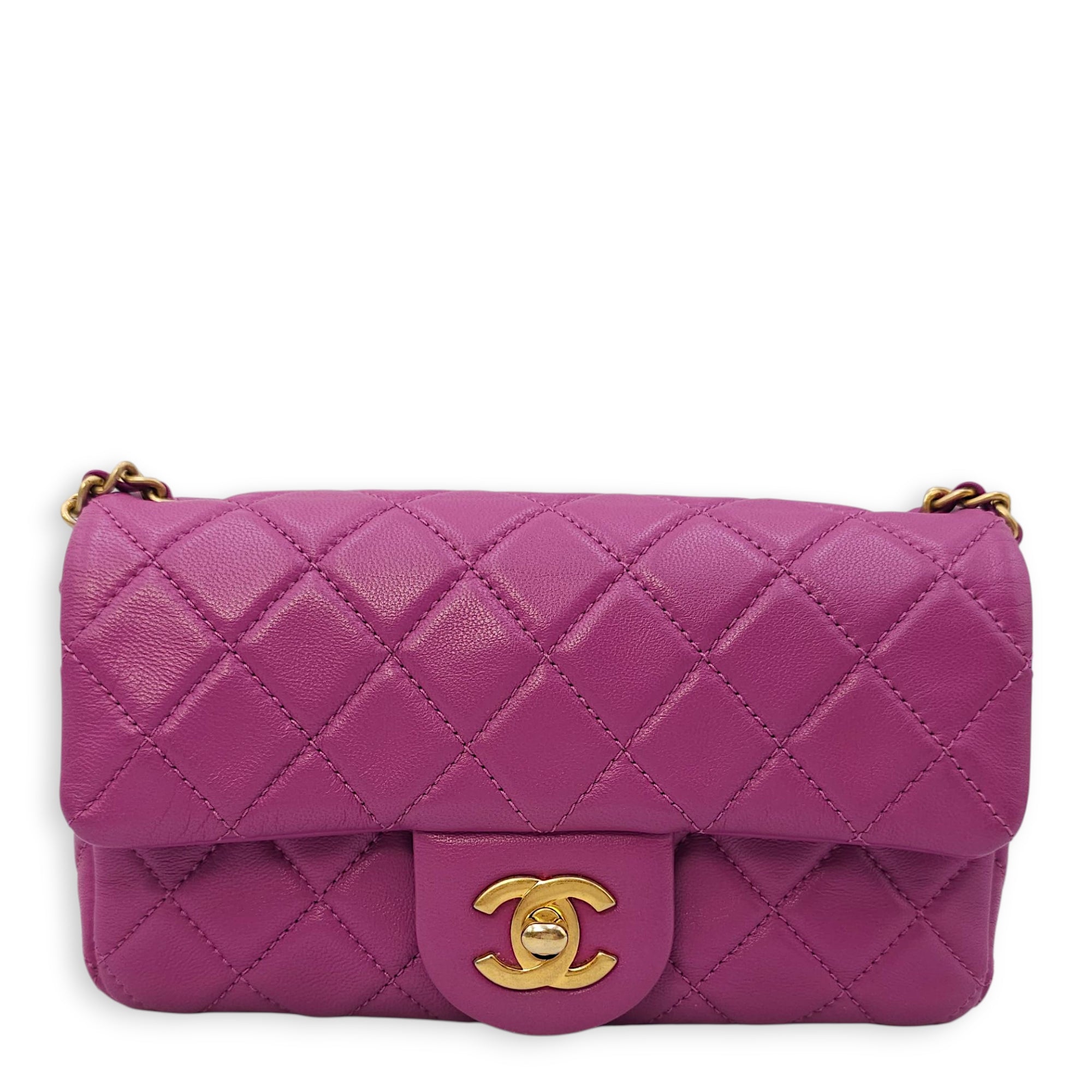 Rectangular Mini Pink Flap Bag with Adjustable Pearl Crush in Lambskin, Gold hardware