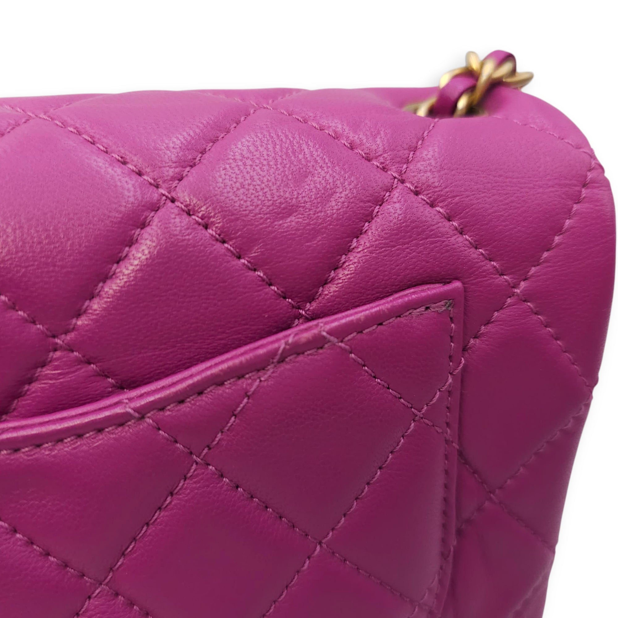 Rectangular Mini Pink Flap Bag with Adjustable Pearl Crush in Lambskin, Gold hardware