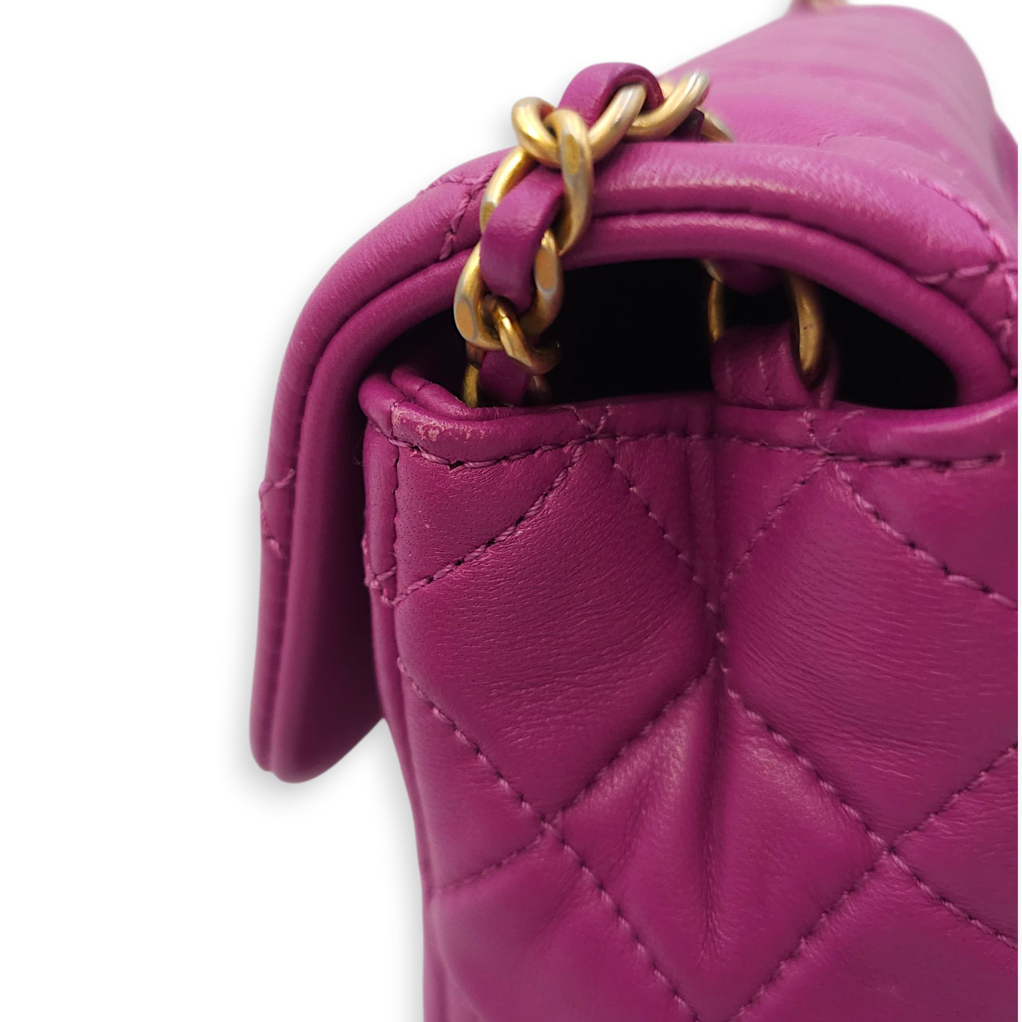 Rectangular Mini Pink Flap Bag with Adjustable Pearl Crush in Lambskin, Gold hardware