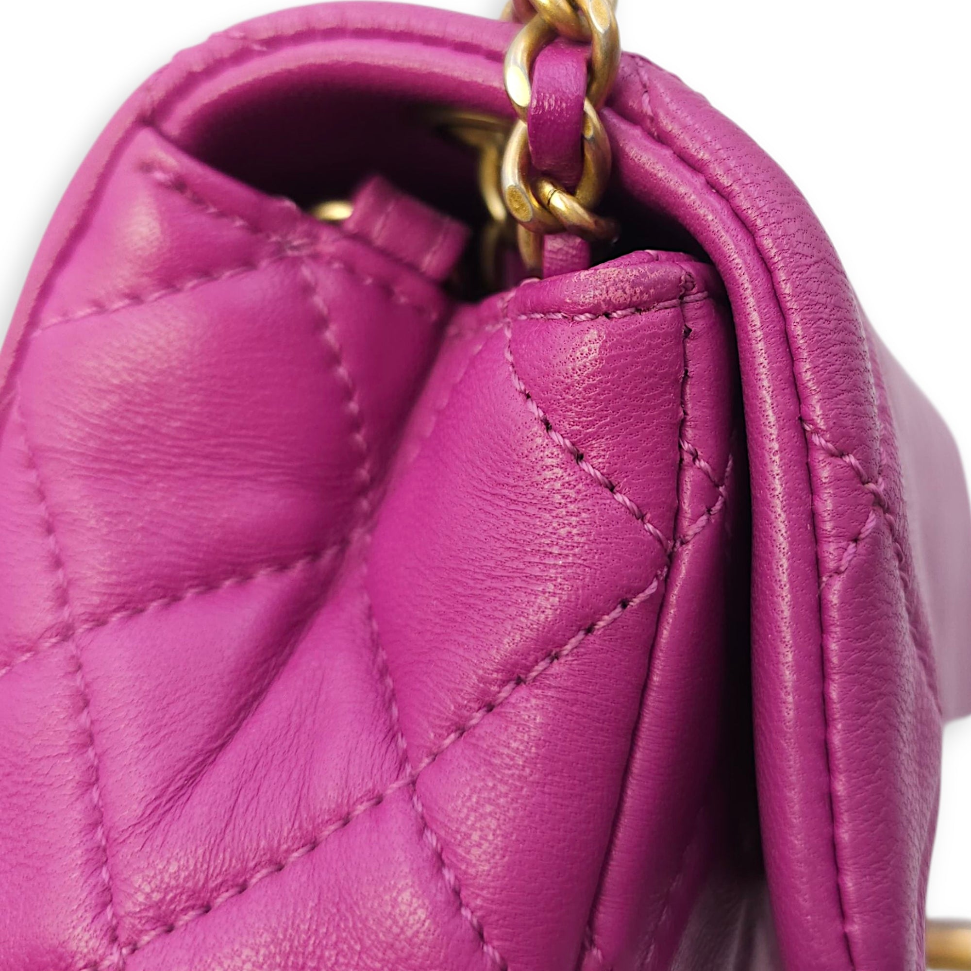 Rectangular Mini Pink Flap Bag with Adjustable Pearl Crush in Lambskin, Gold hardware