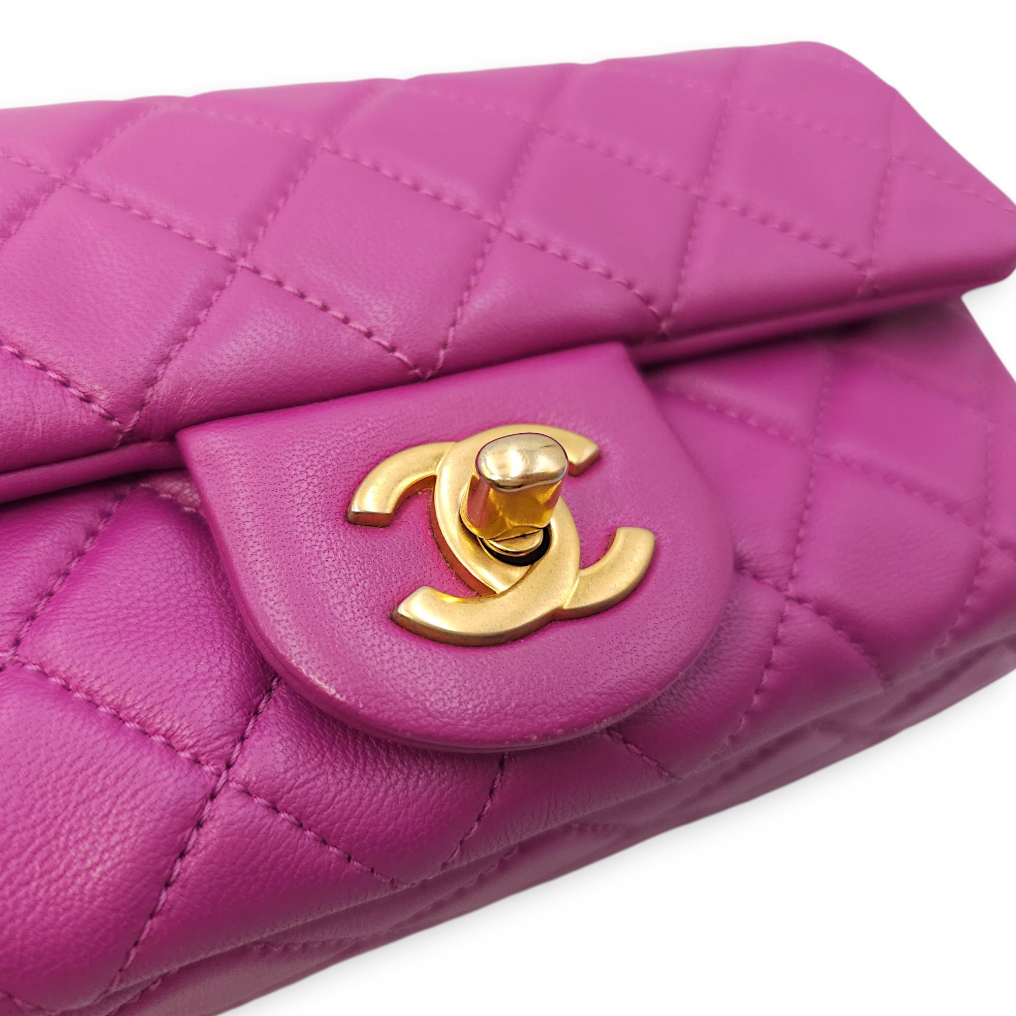 Rectangular Mini Pink Flap Bag with Adjustable Pearl Crush in Lambskin, Gold hardware