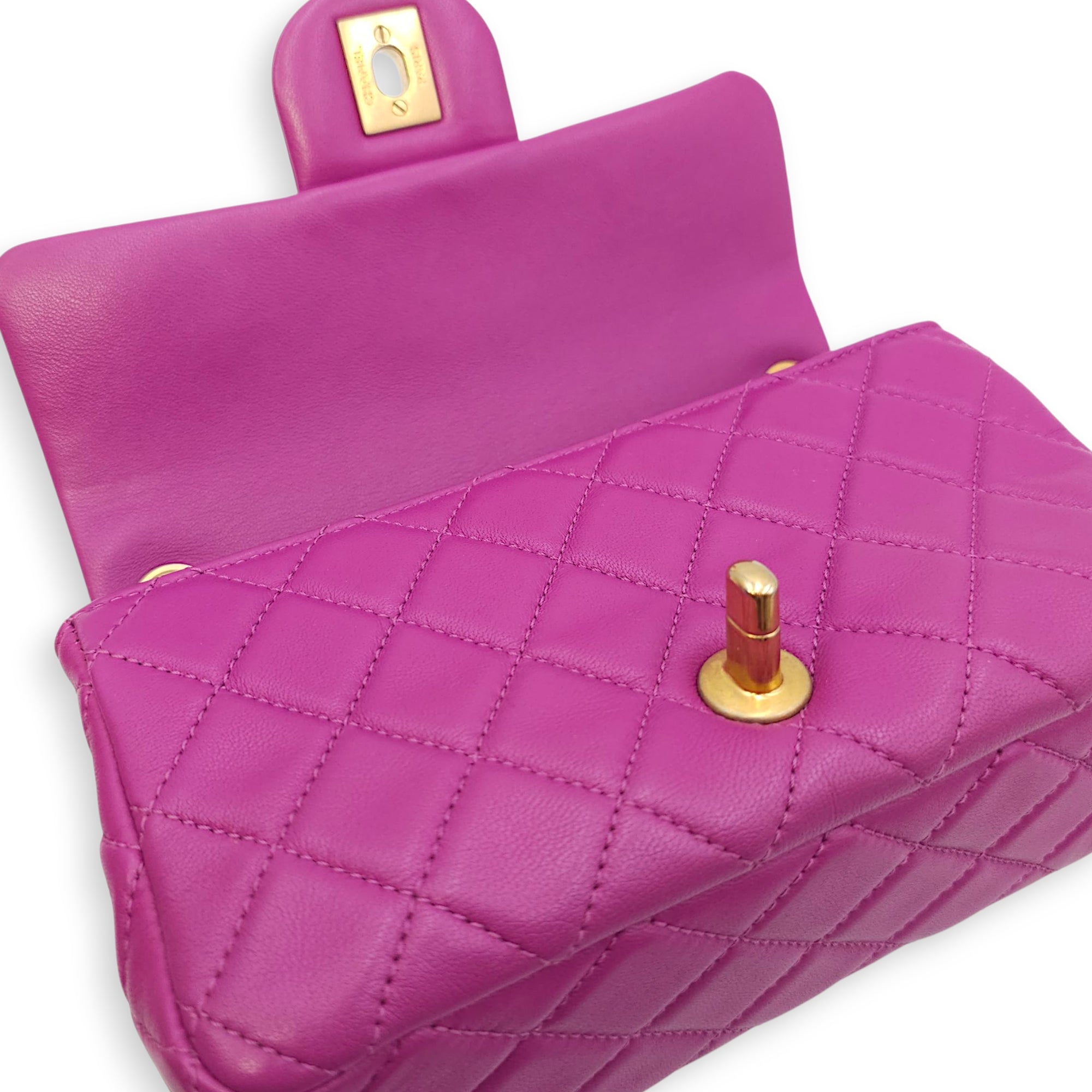 Rectangular Mini Pink Flap Bag with Adjustable Pearl Crush in Lambskin, Gold hardware