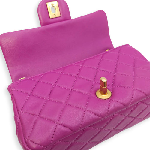 Rectangular Mini Pink Flap Bag with Adjustable Pearl Crush in Lambskin, Gold hardware