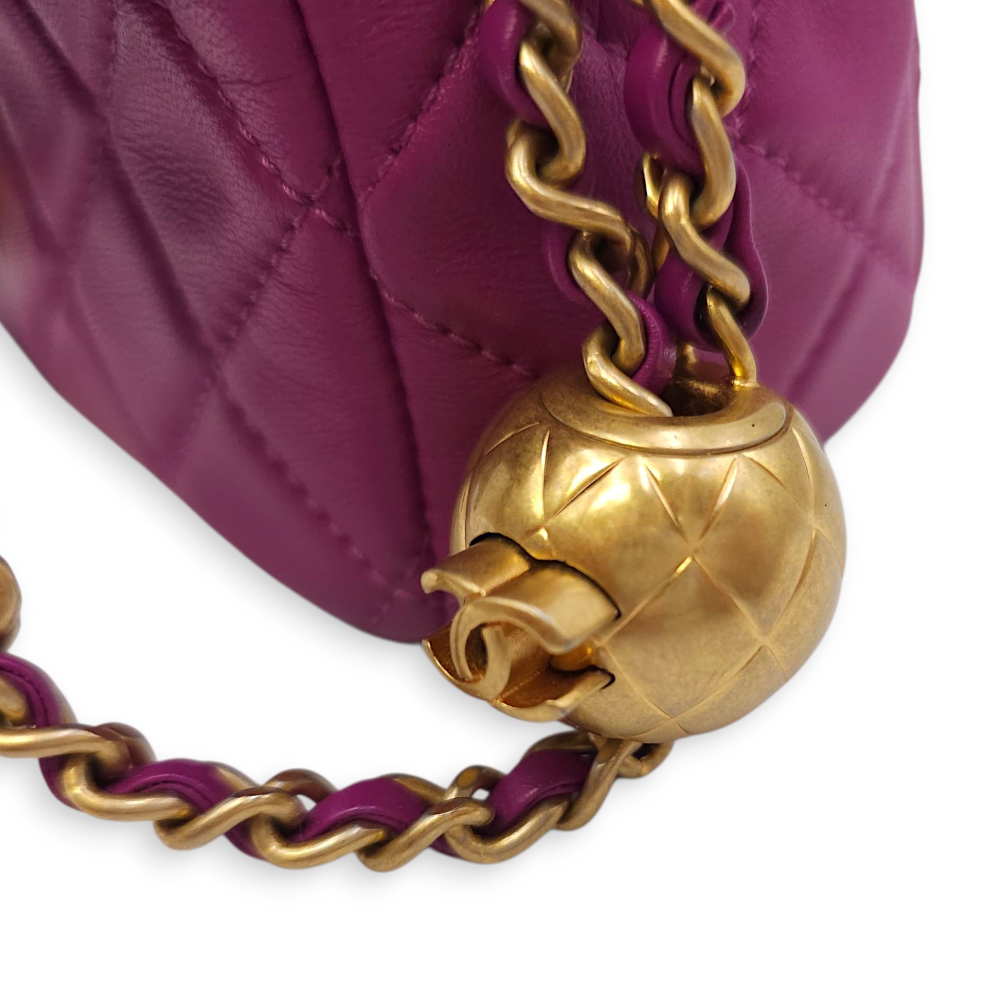 Rectangular Mini Pink Flap Bag with Adjustable Pearl Crush in Lambskin, Gold hardware