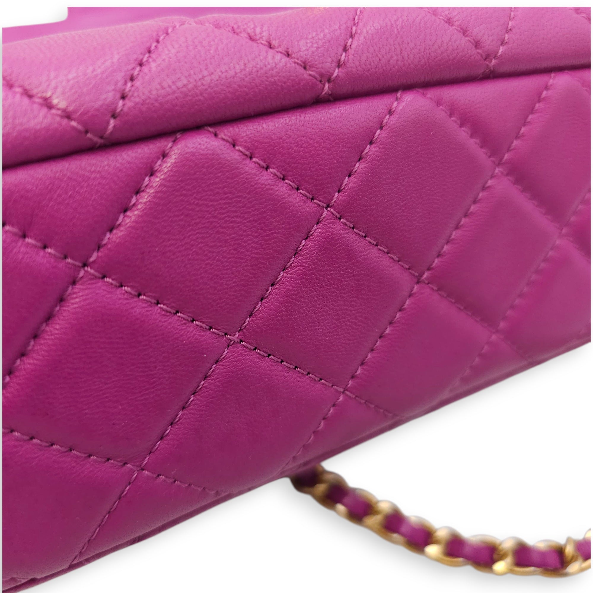 Rectangular Mini Pink Flap Bag with Adjustable Pearl Crush in Lambskin, Gold hardware