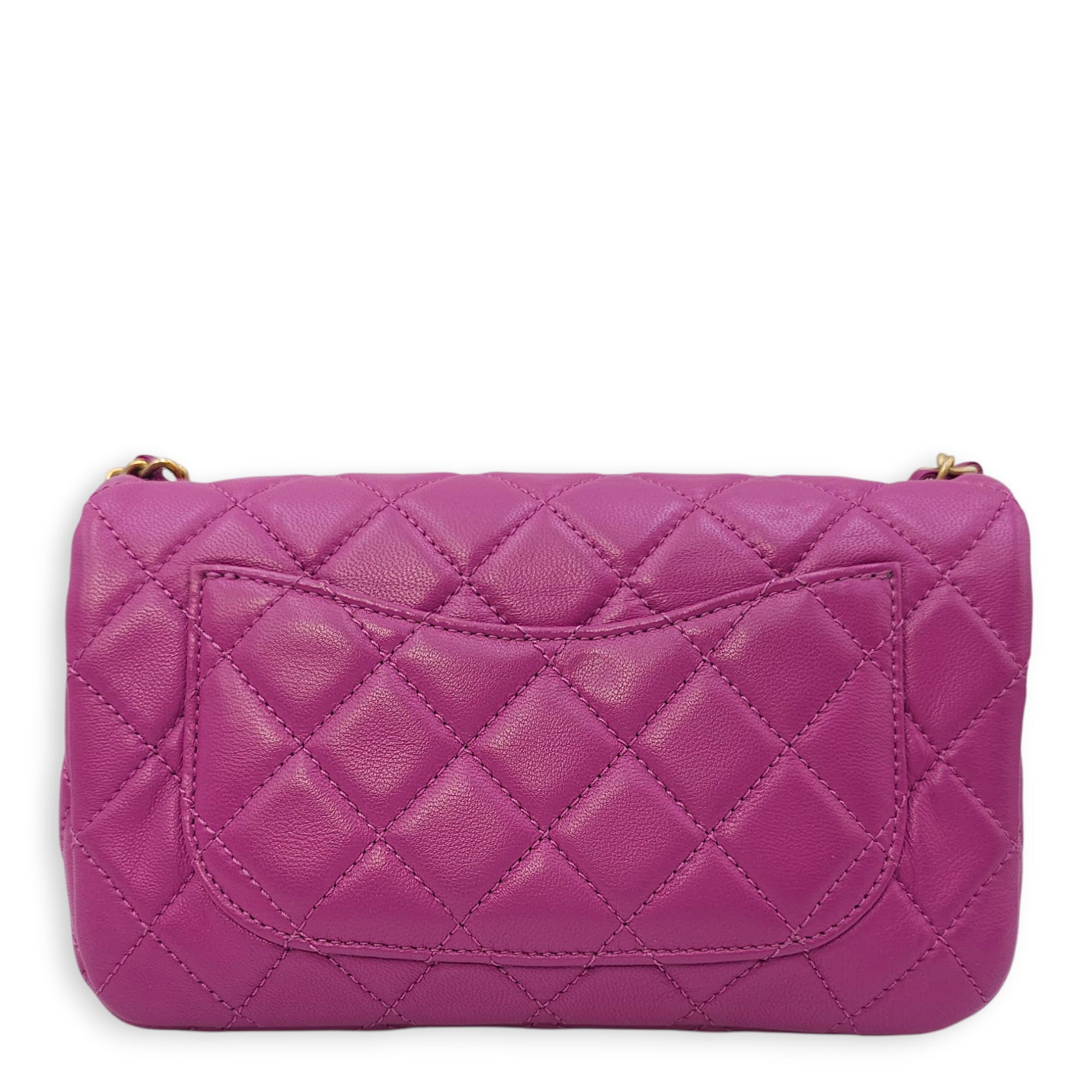 Rectangular Mini Pink Flap Bag with Adjustable Pearl Crush in Lambskin, Gold hardware