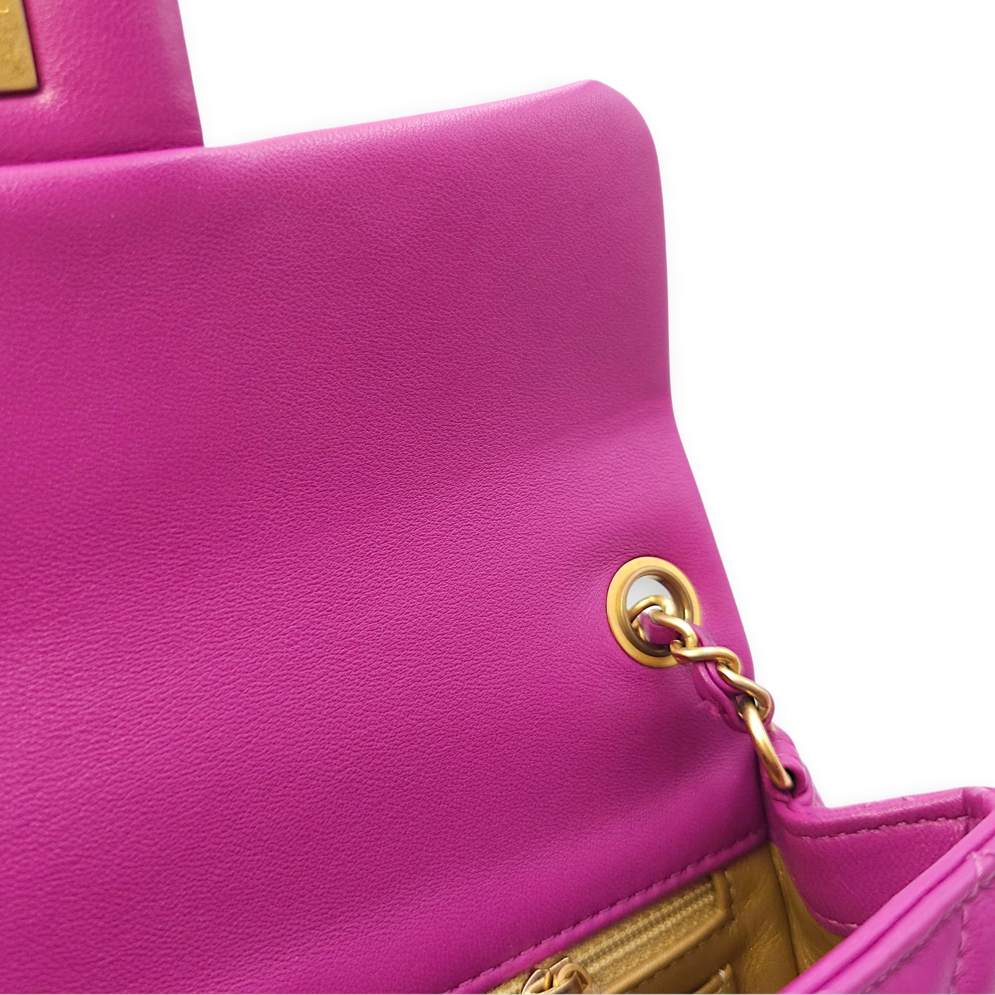 Rectangular Mini Pink Flap Bag with Adjustable Pearl Crush in Lambskin, Gold hardware