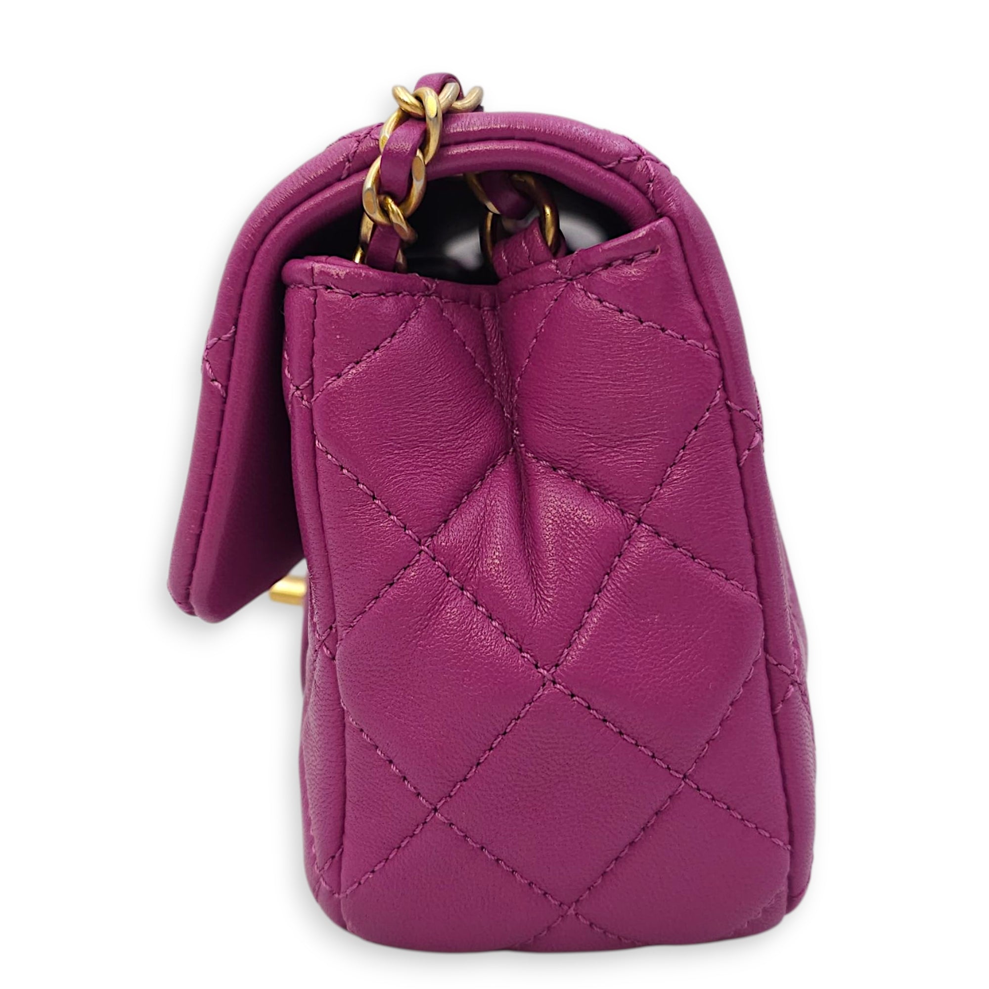 Rectangular Mini Pink Flap Bag with Adjustable Pearl Crush in Lambskin, Gold hardware