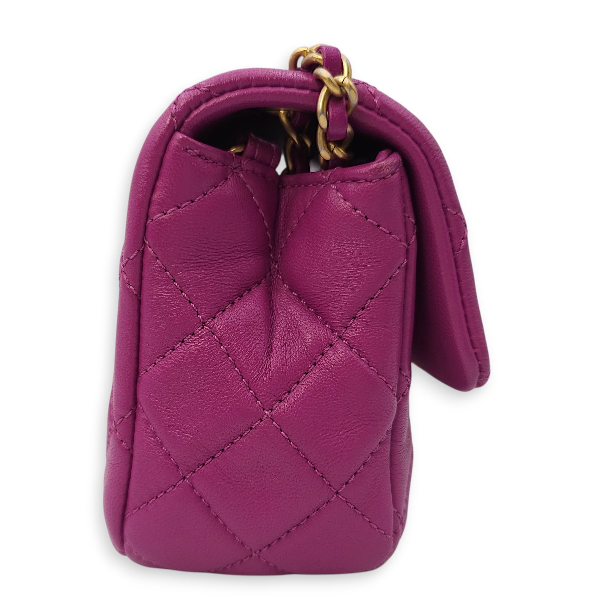 Rectangular Mini Pink Flap Bag with Adjustable Pearl Crush in Lambskin, Gold hardware