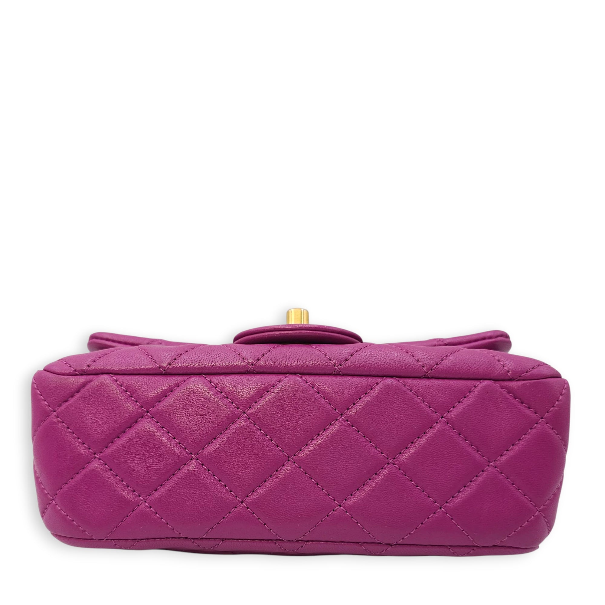 Rectangular Mini Pink Flap Bag with Adjustable Pearl Crush in Lambskin, Gold hardware