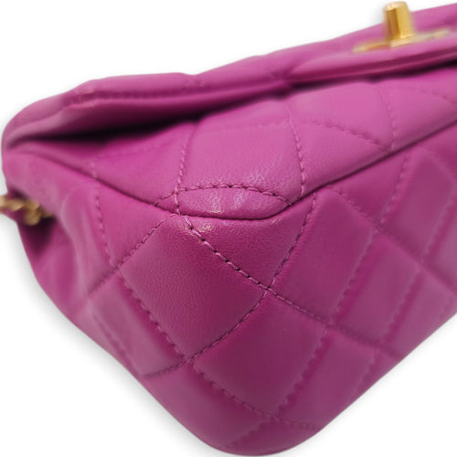 Rectangular Mini Pink Flap Bag with Adjustable Pearl Crush in Lambskin, Gold hardware