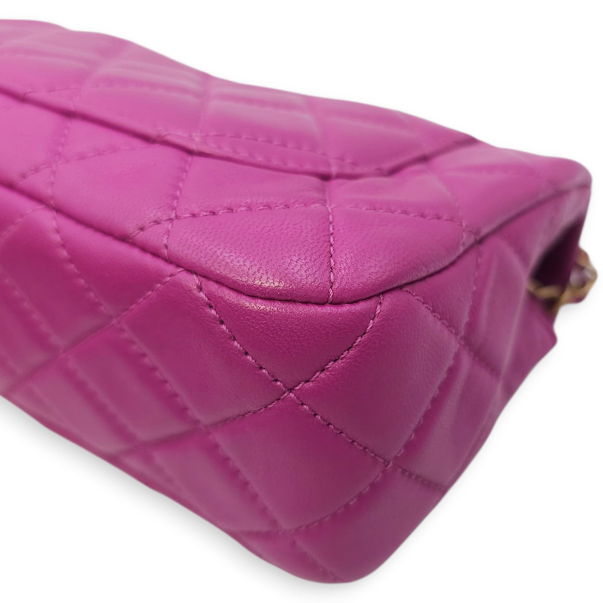 Rectangular Mini Pink Flap Bag with Adjustable Pearl Crush in Lambskin, Gold hardware