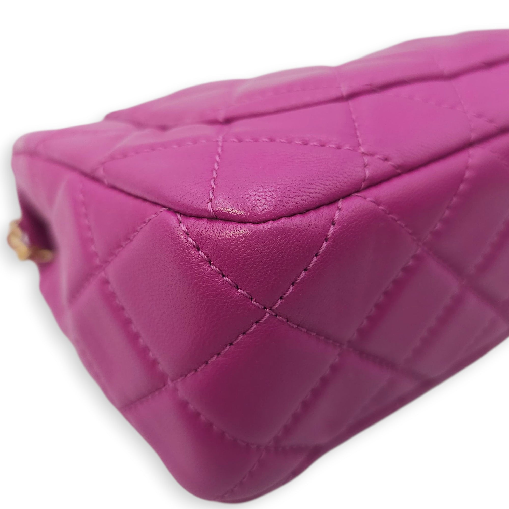 Rectangular Mini Pink Flap Bag with Adjustable Pearl Crush in Lambskin, Gold hardware