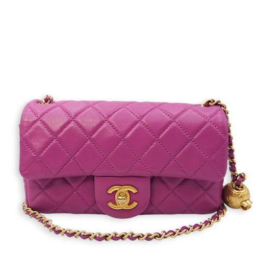 Rectangular Mini Pink Flap Bag with Adjustable Pearl Crush in Lambskin, Gold hardware
