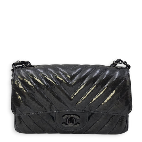Chevron Rectangular Classic Mini Black Flap Bag in Patent Leather, So Black hardware