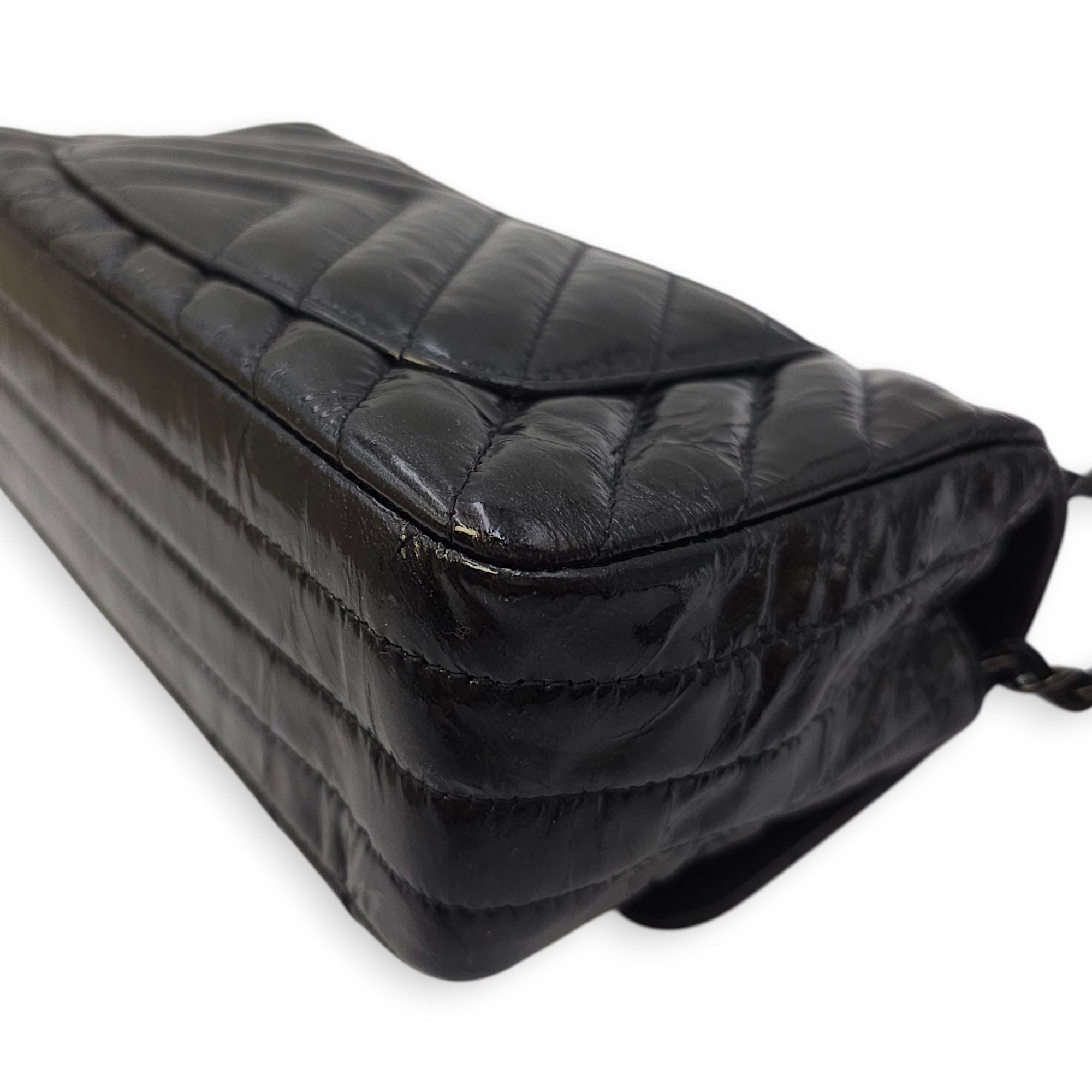 Chevron Rectangular Classic Mini Black Flap Bag in Patent Leather, So Black hardware