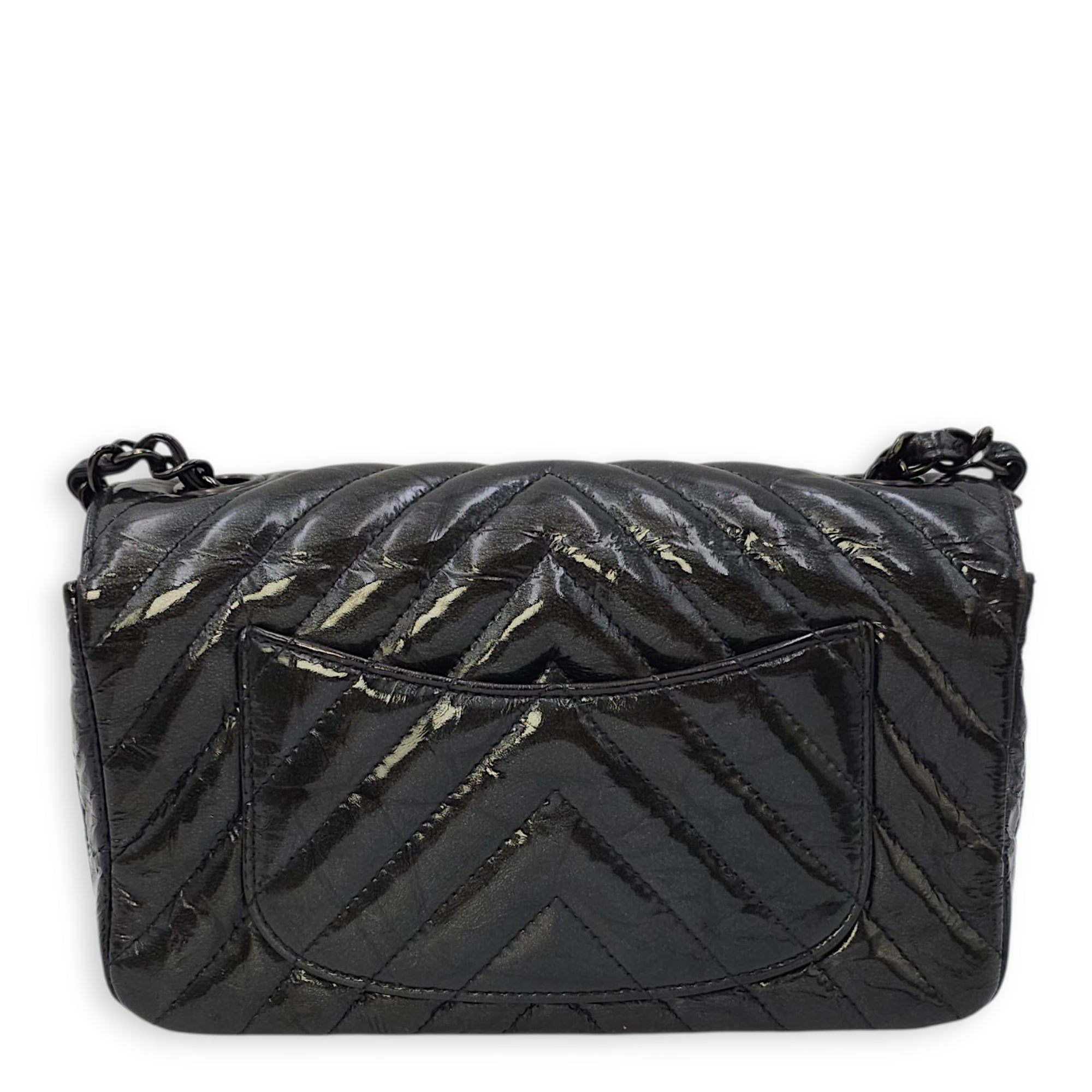 Chevron Rectangular Classic Mini Black Flap Bag in Patent Leather, So Black hardware