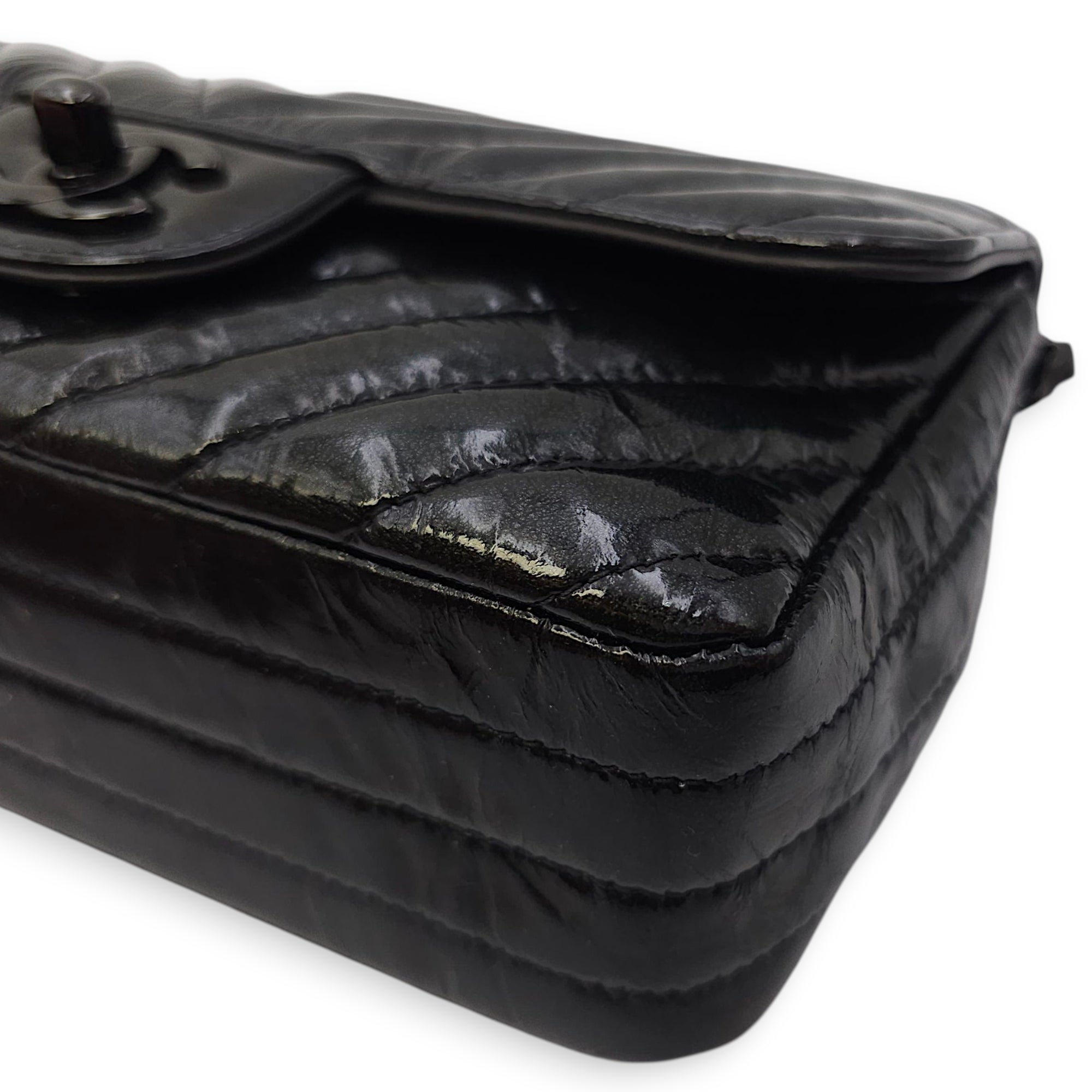 Chevron Rectangular Classic Mini Black Flap Bag in Patent Leather, So Black hardware