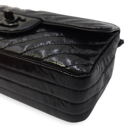Chevron Rectangular Classic Mini Black Flap Bag in Patent Leather, So Black hardware
