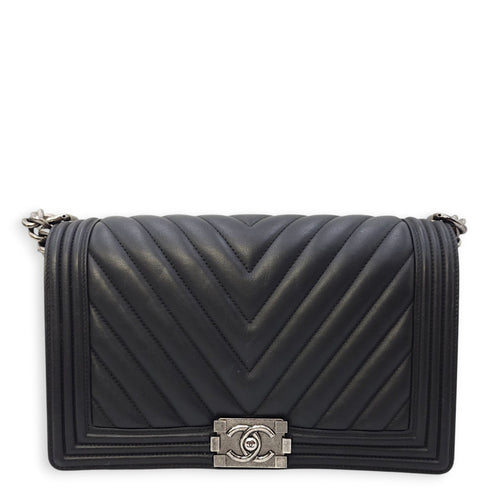 Le Boy Chevron Medium Black Flap Bag in Calfskin, Ruthenium hardware