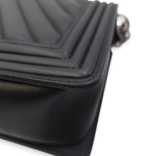 Le Boy Chevron Medium Black Flap Bag in Calfskin, Ruthenium hardware