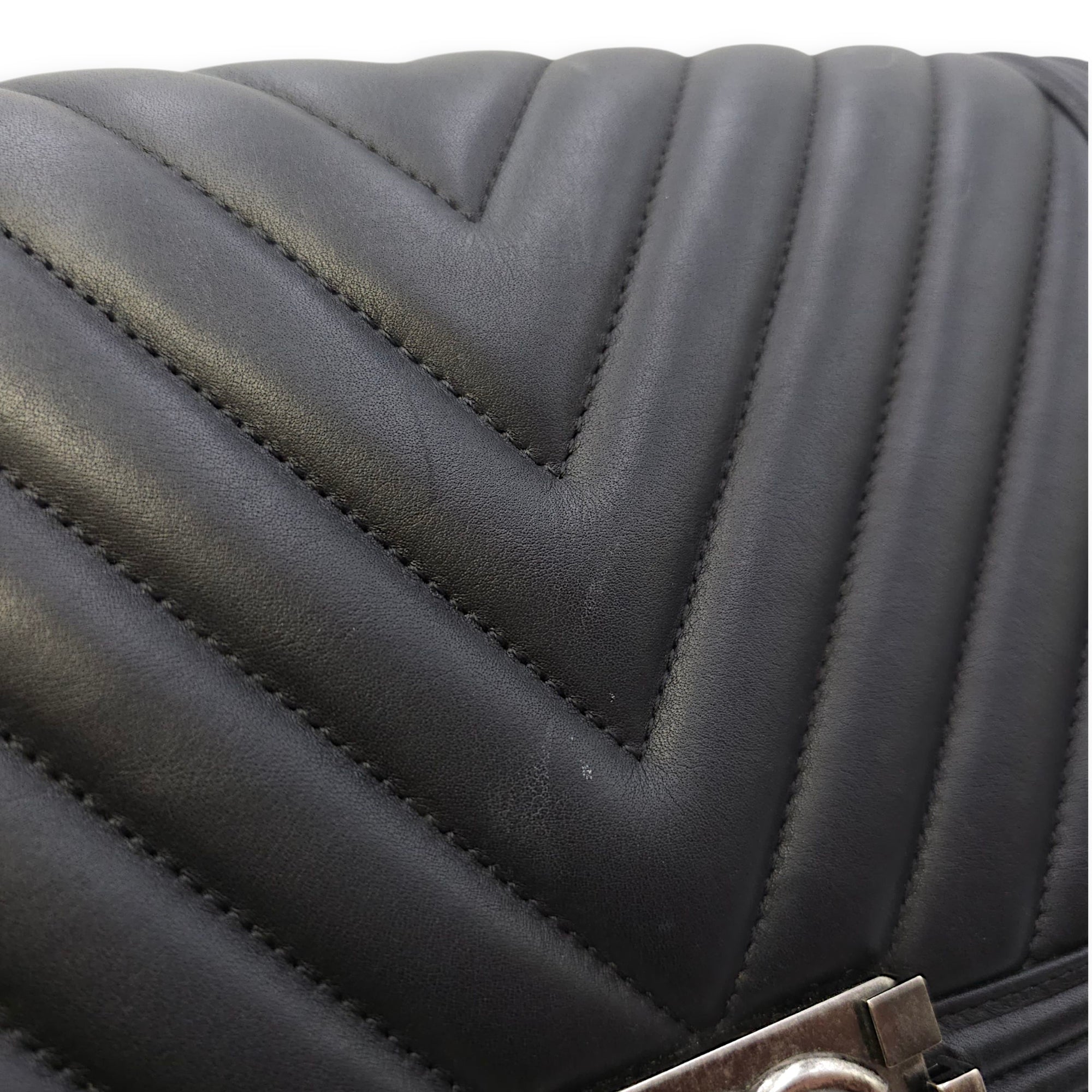 Le Boy Chevron Medium Black Flap Bag in Calfskin, Ruthenium hardware