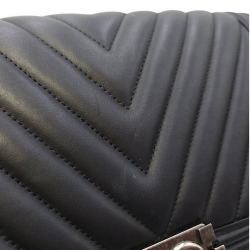 Le Boy Chevron Medium Black Flap Bag in Calfskin, Ruthenium hardware