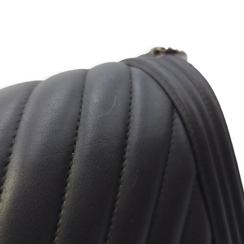 Le Boy Chevron Medium Black Flap Bag in Calfskin, Ruthenium hardware