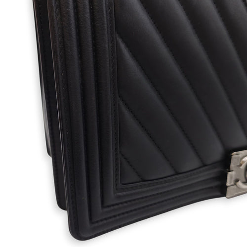 Le Boy Chevron Medium Black Flap Bag in Calfskin, Ruthenium hardware
