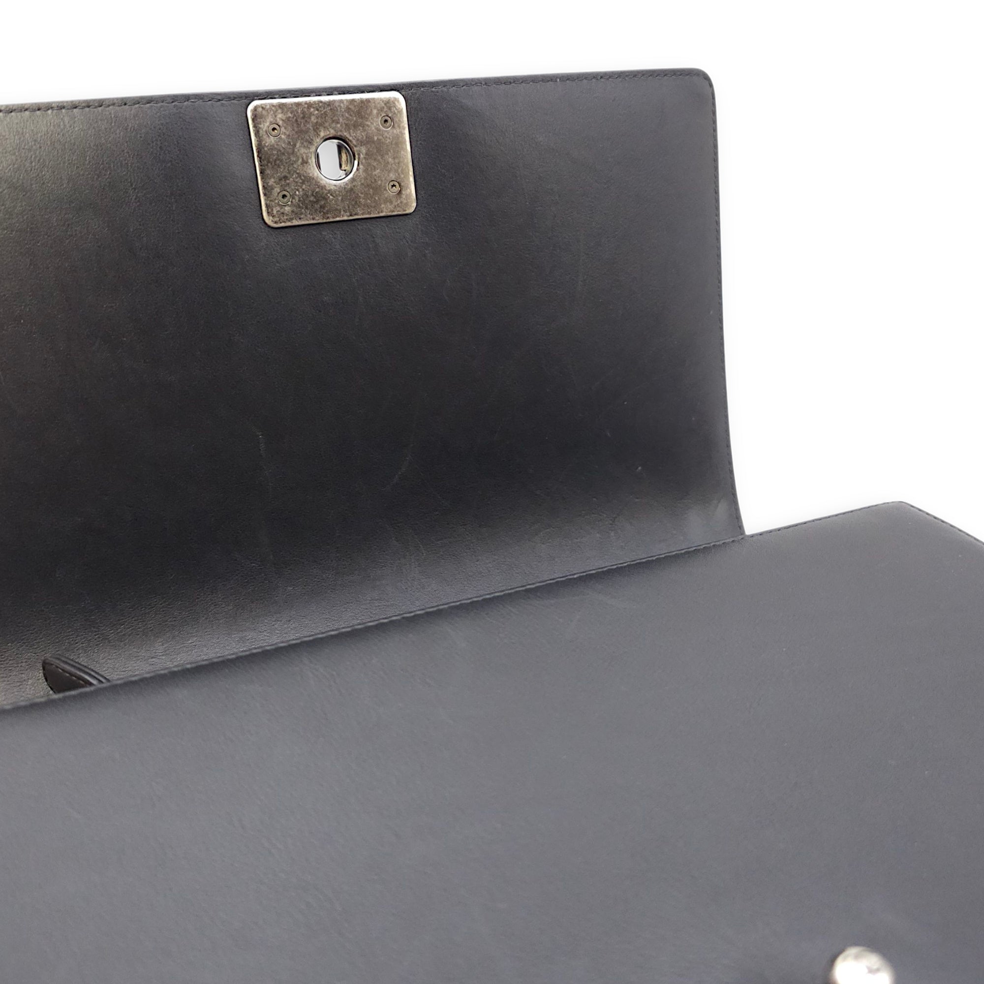 Le Boy Chevron Medium Black Flap Bag in Calfskin, Ruthenium hardware