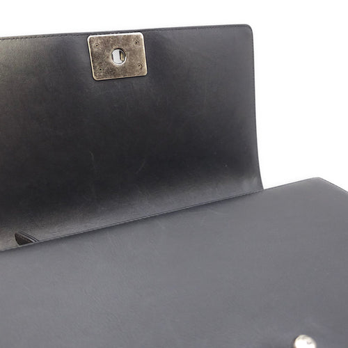 Le Boy Chevron Medium Black Flap Bag in Calfskin, Ruthenium hardware