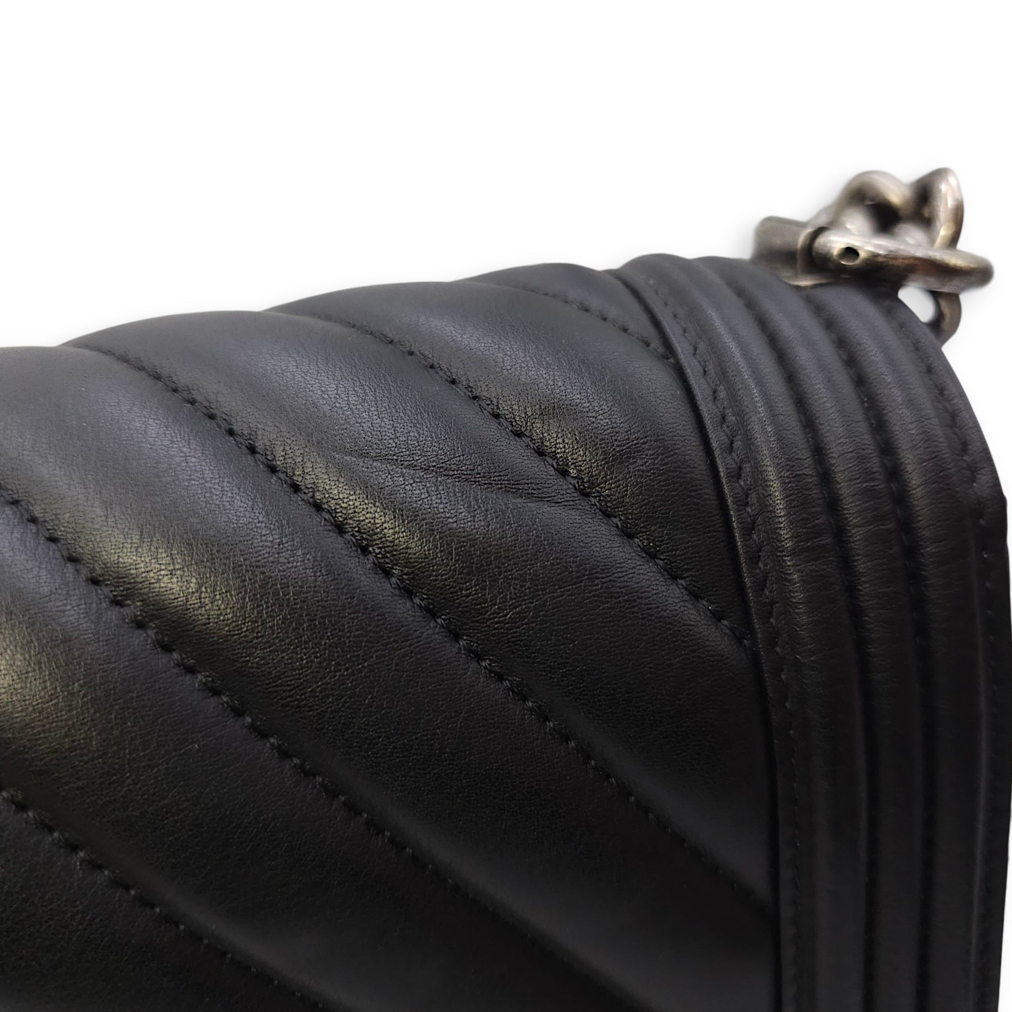 Le Boy Chevron Medium Black Flap Bag in Calfskin, Ruthenium hardware