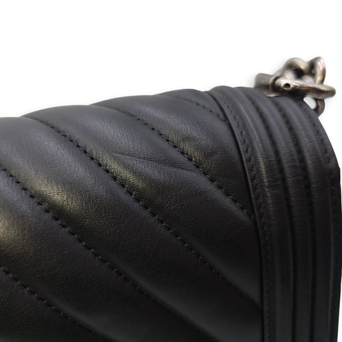 Le Boy Chevron Medium Black Flap Bag in Calfskin, Ruthenium hardware