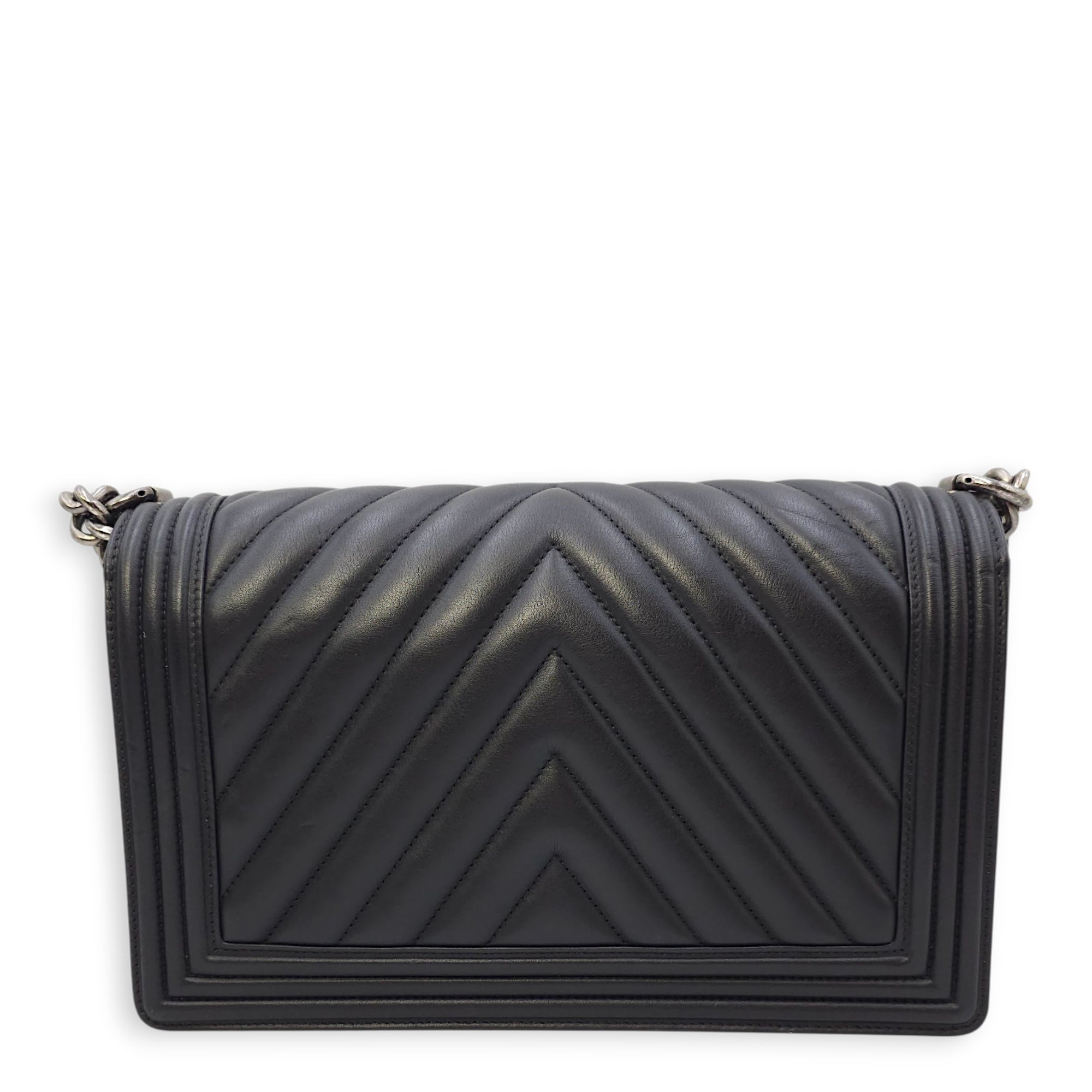 Le Boy Chevron Medium Black Flap Bag in Calfskin, Ruthenium hardware