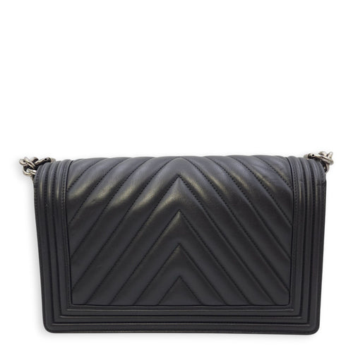Le Boy Chevron Medium Black Flap Bag in Calfskin, Ruthenium hardware